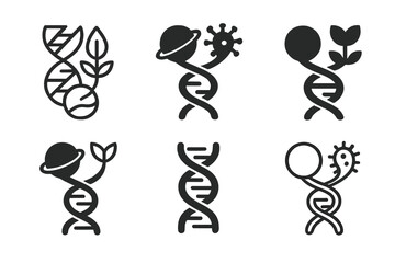 Naklejka premium Space Colonization Logos. Genetic Engineering for Space Colonization. Icon set. Set Logo of adaptive biosphere: helix connecting planets and organisms.