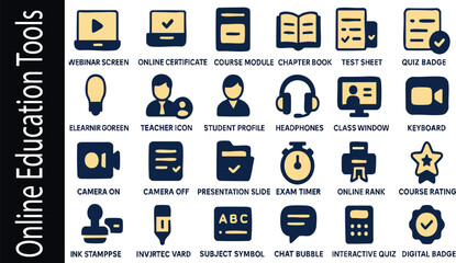 Online Education Icons: A set of clean, minimalist icons symbolizing the various tools and elements of digital learning. The icons are displayed against a sleek backdrop.