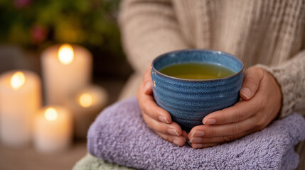 Close-up of hands holding a cup of herbal tea during a spa session, soft towels and candles around, representing holistic self-care for body, skin, and mind