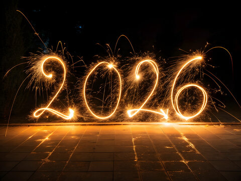 Sparkling light painting of the year 2026 created with sparklers festive celebration concept