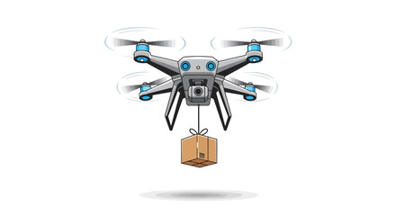 Quadcopter drone delivering a small tiedup cardboard box