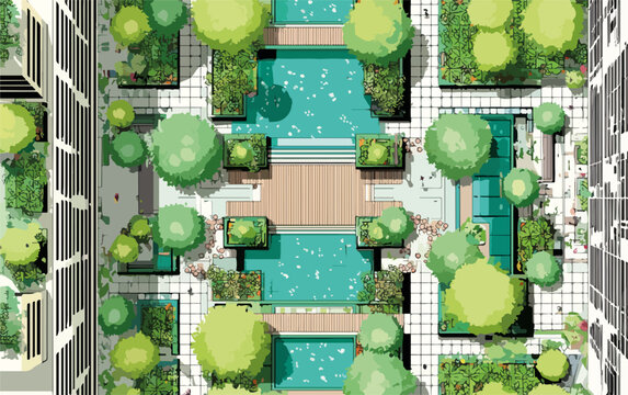 Vista a&eacute;rea de dise&ntilde;o arquitect&oacute;nico de un patio urbano con vegetaci&oacute;n exuberante, agua y senderos