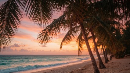 Fototapeta premium Tropical beach scene with palm trees at sunset, featuring pink and orange sky, ocean waves, and sandy shoreline.