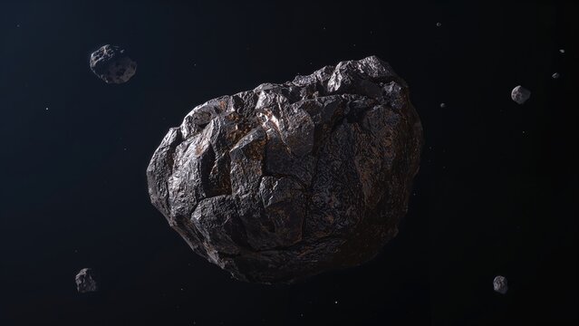 Asteroid 1799 in space with surrounding smaller rocks and a dark cosmic background.