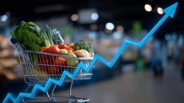 Close-up of shopping cart with fruits, vegetables, and packaged goods, digital line graph with upward arrow floating above, visualizing rising prices - Powered by Adobe