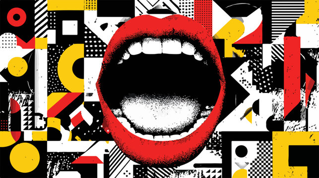 Boca roja abierta con dientes blancos sobre fondo abstracto geom&eacute;trico en blanco y negro con acentos amarillos.