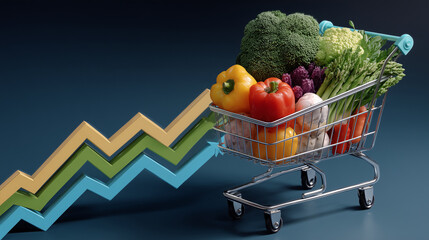 Top-down view of grocery cart with colorful food items, animated upward curve graph superimposed above, illustrating price increase visually