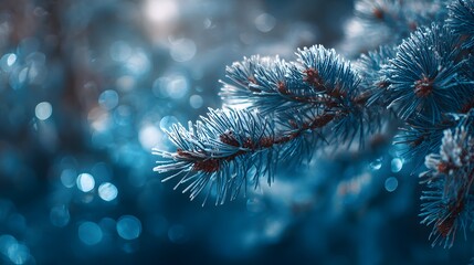 Frosty evergreen branch displays fine ice crystals against a deep blue bokeh background