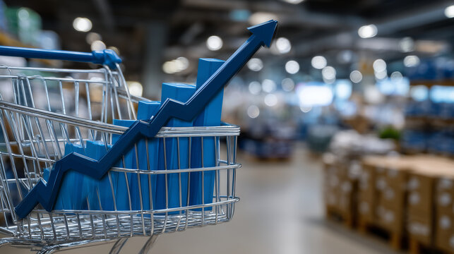 Shopping cart in bright retail store, augmented reality-style 3D graph rising from the cart, reflecting changing market and inflation trends