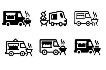 Food Truck Logos. Food truck street parties. Icon set. Set Logo of food truck street parties: barbecue grill beside open truck window. harmonious