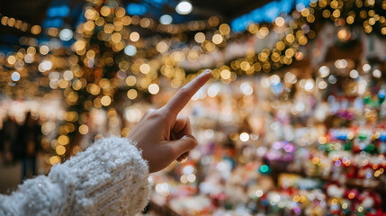 Macro of hand pointing at items on a Christmas sales list, colorful toys and holiday decor softly blurred behind, capturing holiday shopping excitement