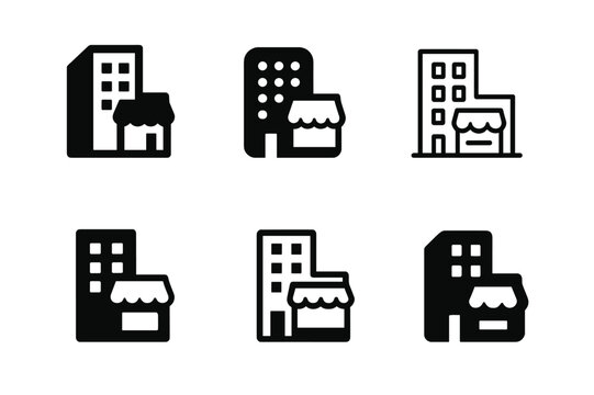 Mixed-Use Logo Set. Mixed-use neighborhoods. Icon set. Set Logo of mixed-use neighborhoods: building cluster combining residential and retail icons. harmonious