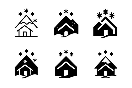 Winter Ski Lodge Logos. Winter ski lodge or chalet celebration. Icon set. Set Logo of winter ski lodge or chalet celebration: mountain cabin with snowflakes.
