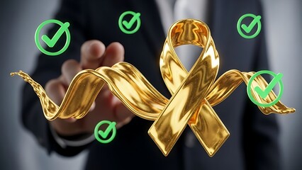 Elegant golden ribbon with checkmarks for business approvals and quality assurance or successful project completion in professional presentation