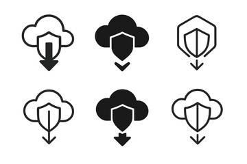 Antivirus Software Logos. Installing antivirus software. Icon set. Set Logo of Installing antivirus software: cloud download with shield. harmonious logo