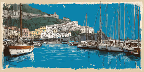 Puerto pintoresco con veleros y casas blancas en la ladera de una montaña verde.