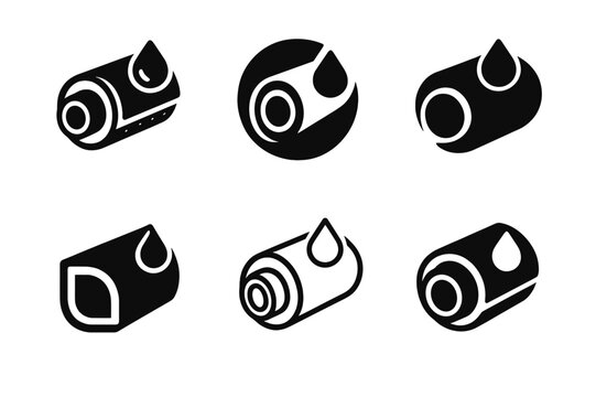 Pipe Insulation Logos. Pipe Insulation Materials. Icon set. Set Logo of waterproof coating: insulated pipe with seal layer. harmonious logo variations of the
