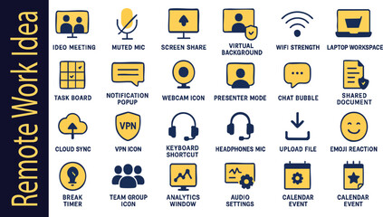 Remote Work Idea Icons: A set of clean, minimalist icons symbolizing remote work concepts, ideal for modern design and communication. 