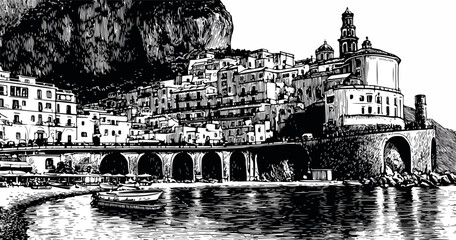 Pueblo costero italiano con arquitectura histórica y mar Mediterráneo, ilustración vectorial detallada.