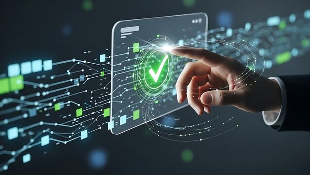 Hand selecting digital checkmark on modern interface for quality assurance and compliance, symbolizing success and approval in sleek technology setting
