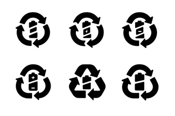 Battery Recycling Icons. Sustainable battery recycling. Icon set. Set Logo of sustainable battery recycling: disassembled battery parts in cycle. harmonious
