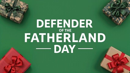 DEFENDER OF THE FATHERLAND DAY with gift boxes on a green background. Commemoration of military pride and patriotism. Celebration and recognition of national defense.