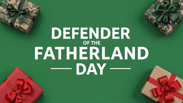 DEFENDER OF THE FATHERLAND DAY with gift boxes on a green background. Commemoration of military pride and patriotism. Celebration and recognition of national defense.