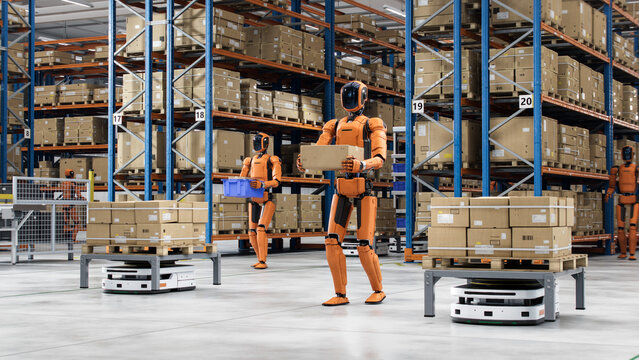 3D Render: Automated Fulfillment Center or Smart Warehouse with Autonomous AI Enabled Humanoid Robots and AGV Working at Distribution Center. Industrial Automation Empowered by Artificial Intelligence