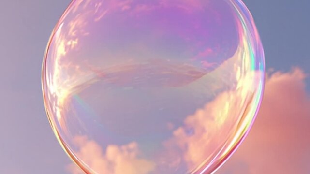 Iridescent bubble reflecting pastel clouds drifts