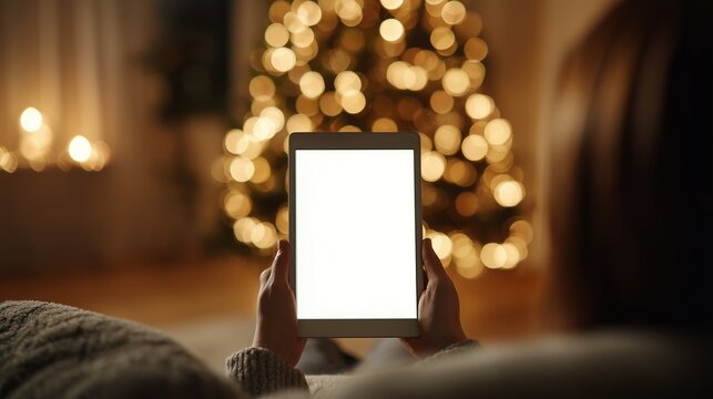 A man holds a tablet with a white screen in front of a Christmas tree. Blurred lights, evening interior. Mockup for design, New Year's season.