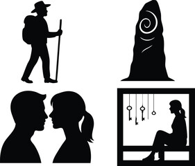 Diverse Silhouettes: Journey, Mystery, Intimacy, and Contemplation. Exploring themes of exploration, wonder, connection, and introspection through elegant black and white representations.