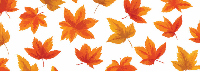 Patr&oacute;n de hojas de oto&ntilde;o vectoriales en tonos naranjas y rojos sobre fondo blanco.