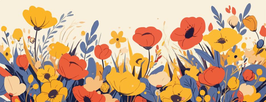 Ilustraci&oacute;n vectorial de un vibrante campo de flores silvestres en tonos c&aacute;lidos y fr&iacute;os, ideal para dise&ntilde;o primaveral.