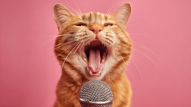 Ginger feline performs loudly into a close proximity microphone against a solid background