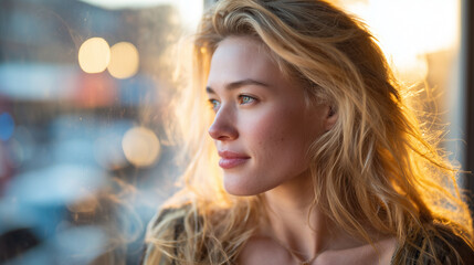 Obraz premium Side profile of a woman with glossy blonde hair, gentle sunlight streaming through a window, creating reflections and depth on each strand
