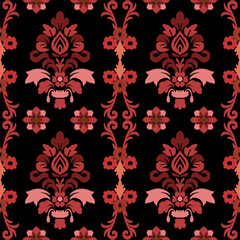 A vibrant floral pattern featuring red and pink elements on a black background, creating a striking and elegant visual design.