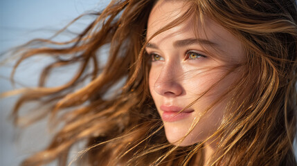 Fototapeta premium Profile view of a woman with long flowing hair in motion, strands glistening, soft natural light and clean neutral backdrop for hair-focused composition