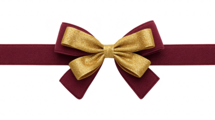 Gold glitter bow with burgundy ribbon, elegant festive decoration for gift wrapping, celebration, or holiday event, isolated on transparent background, creating luxurious and joyful mood