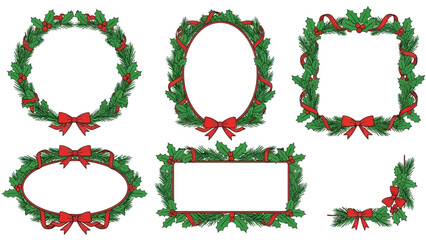 Festive Holiday Frames and Borders Christmas Wreath, Oval, Rectangular, and Corner Designs with Red Bows