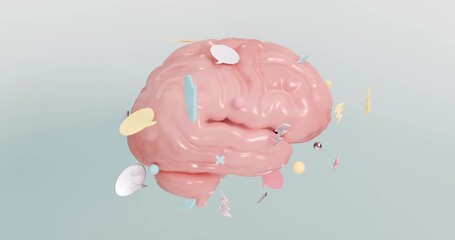 3D animation of a brain surrounded by floating thought icons, lightning bolts, and darkened areas. Concepts of diseases, oncology, neurology, psychotherapy, brain diseases, and diagnostics.