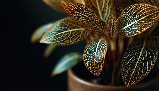Close-Up Photograph Of A Potted Jewel Orchid Houseplant With Glowing Golden Leaf Veins Resembling Lightning. Ideal For Macro Studio Shots.