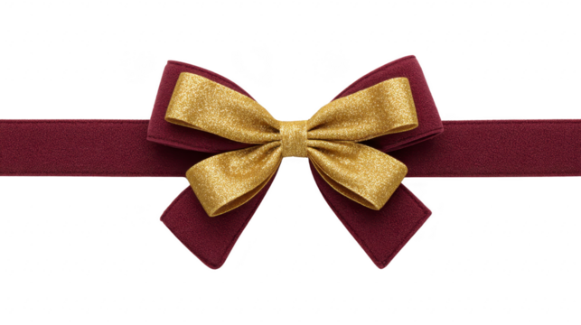 Gold glitter bow with burgundy ribbon, elegant festive decoration for gift wrapping, celebration, or holiday event, isolated on transparent background, creating luxurious and joyful mood