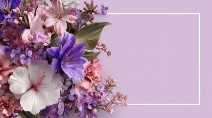 pastel flowers creates a floral frame on a soft lilac background with space for text
