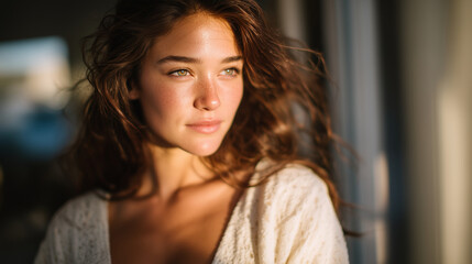 Profile of a young woman with long hair catching soft morning sunlight, strands reflecting light, serene and fresh self-care vibe