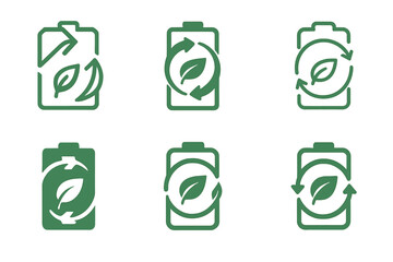 Eco Battery Icons. Sustainable battery recycling. Icon set. Set Logo of sustainable battery recycling: battery with eco cycle arrows and leaf. harmonious logo