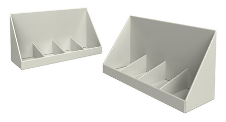 Close-up of empty display organizer boxes with dividers. 3d illustration isolated on white