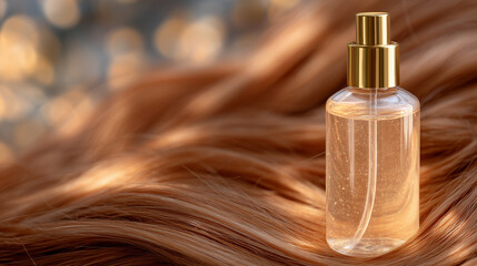 Naklejka premium Hair care bottle with dispenser surrounded by vibrant chestnut and golden hair strands, soft focus, elegant wellness and self-care aesthetic