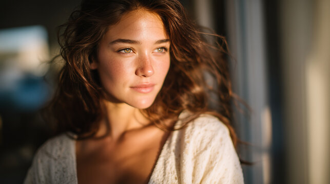Profile of a young woman with long hair catching soft morning sunlight, strands reflecting light, serene and fresh self-care vibe