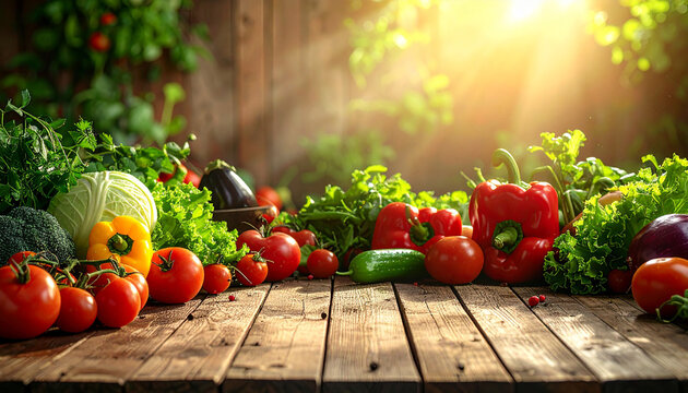 Abundant harvest of fresh vegetables on a rustic wooden table bathed in warm sunlight organic - Powered by Adobe