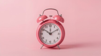Pink retro alarm clock with white face and black numbers on a pink background.